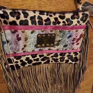 Leopard Print Fringe Bag with Pink Accents Maxine With Small Wallet To Match